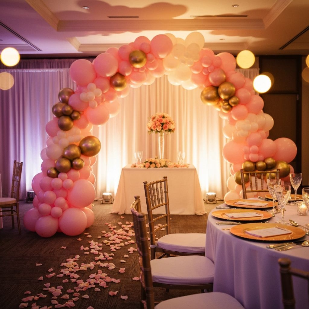 Luxury balloon decorations featuring elegant gold and white balloon garland for romantic surprise setup in Pretoria